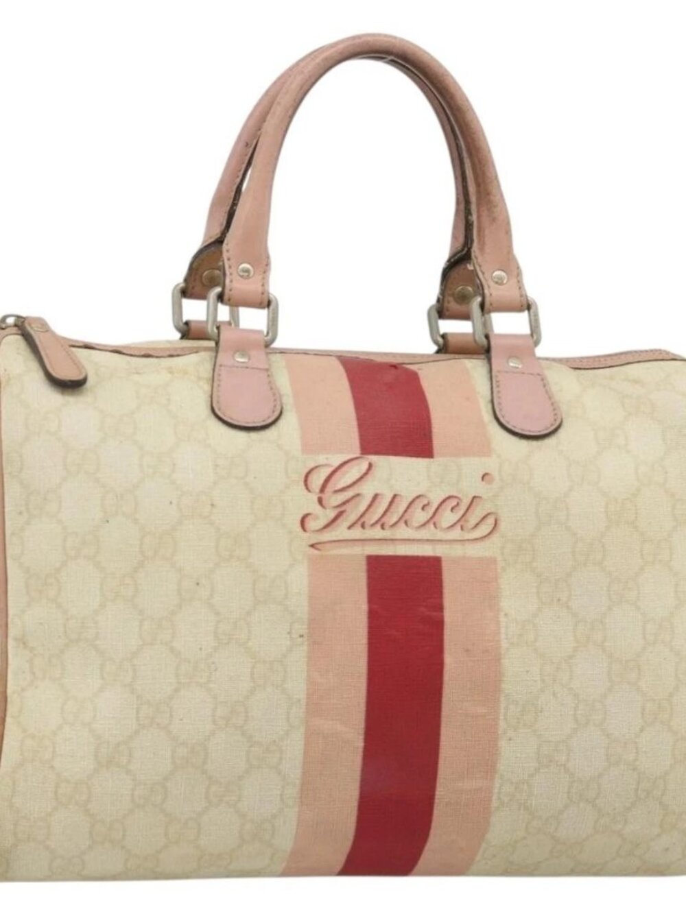 GUCCI GG Supreme Sherry Line Boston Bag PVC Beige Gold 189895 Auth 178843